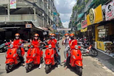 Vespa Female Ao Dai riders Night Street Food + See Train Street - Old Quarter first stop at 6:00 pm: getting oriented fast